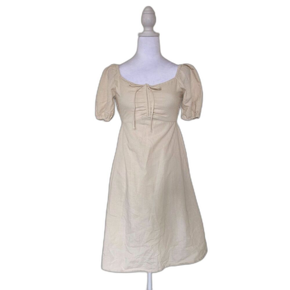 Japna Beige Puff Sleeve Midi Dress Cottagecore Minimalist Romantic Milkmaid Y2K